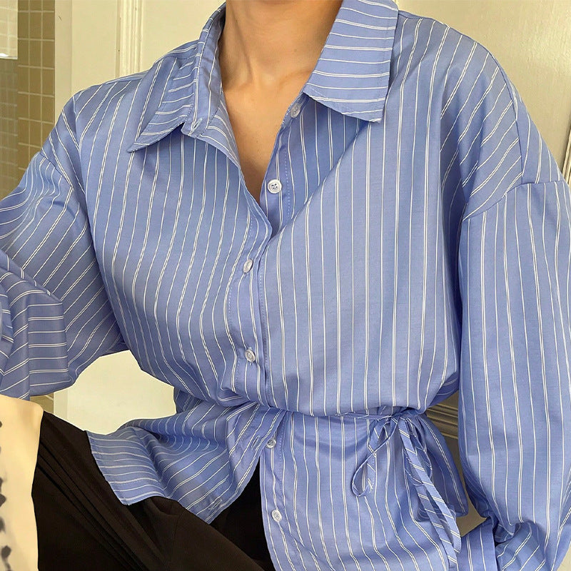 Damen elegante Bluse mit taillierbarem Bindeband und modischem Streifenmuster Drune