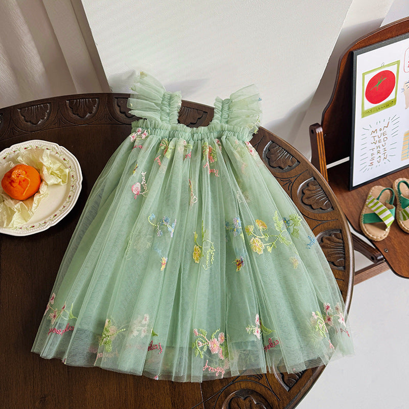 Mädchen Besticktes Tüll Partykleid mit Rüscheträgern Drune