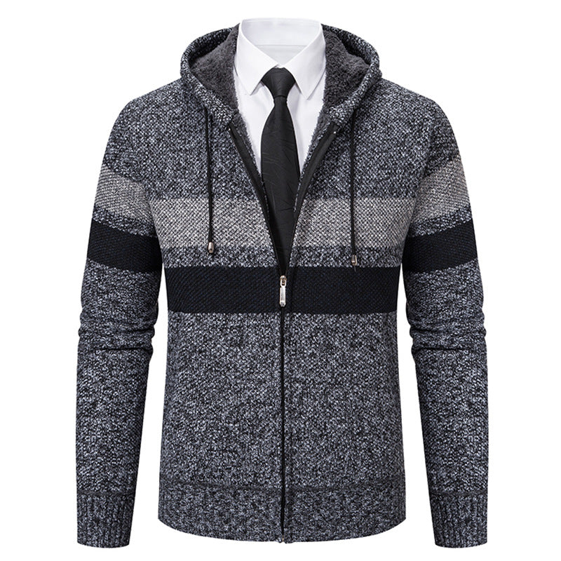 Herren nan gefütterte Kapuzen-Strickjacke mit Teddyfutter, durchgehendem Reißverschluss und kontrastierenden Streifen Drune