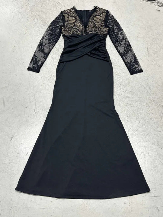 Damen elegantes Abendkleid mit Spitzeneinsätzen und raffiniertem Wickeldesign Drune