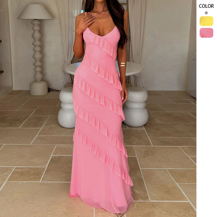 Damen Maxikleid mit elegantem Volantdesign und verstellbaren Trägern Drune