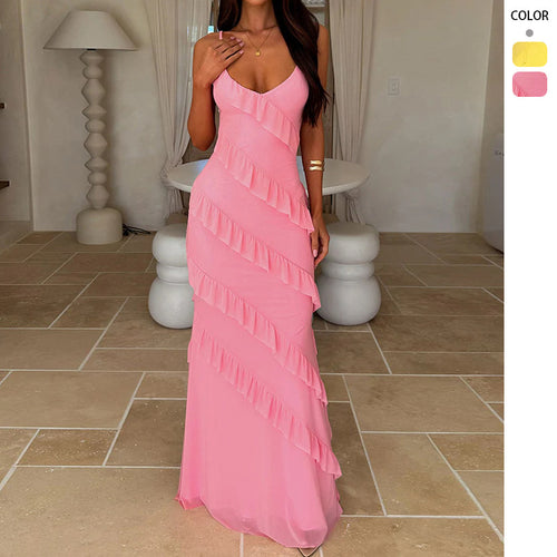 Damen Maxikleid mit elegantem Volantdesign und verstellbaren Trägern Drune