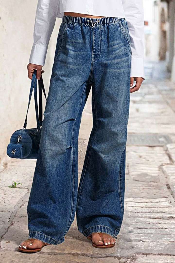 Damen Weite Denim-Hose mit elastischem Bund und hohen Taschen Drune