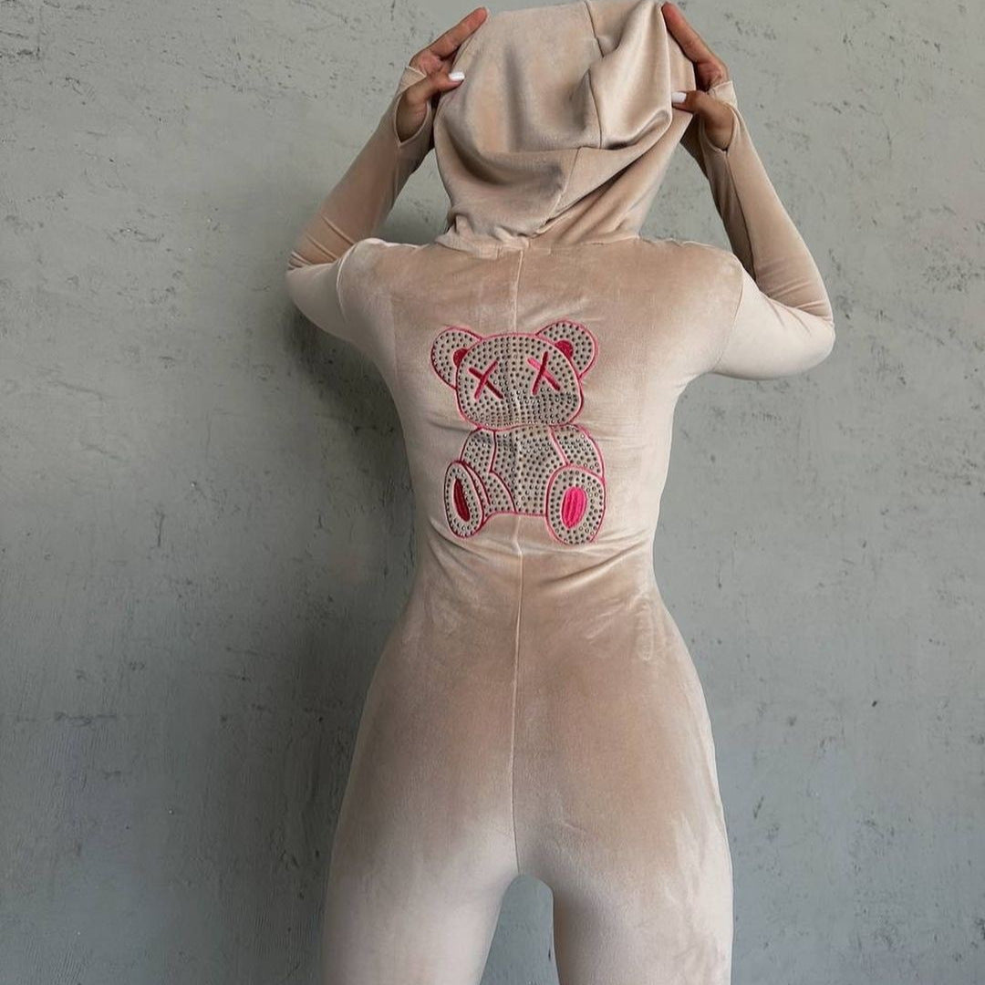 Damen Kapuzenkleid mit funkelndem Bärenmotiv und figurbetonendem Schnitt Drune