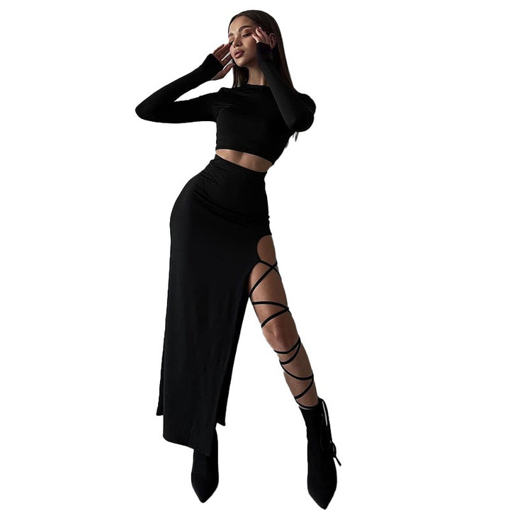 Damen Elegantes Crop-Top mit asymmetrischem Rock und raffiniertem Bein-Schlitz Drune