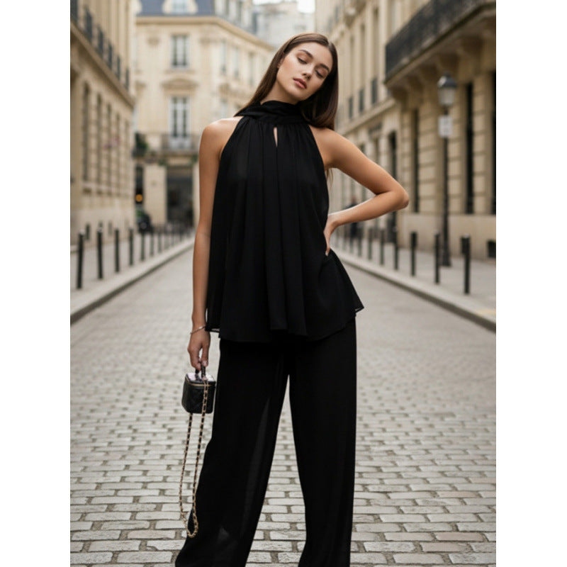 Damen Elegantes Chiffonoberteil mit tiefem Wasserfallausschnitt und fließendem Stoff Drune