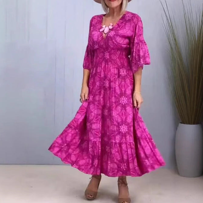 Damen nan fließendes Kaftan-Midikleid mit V-Ausschnitt, lockerer Silhouette, Stufenrock und dreiviertel-Ärmeln Drune