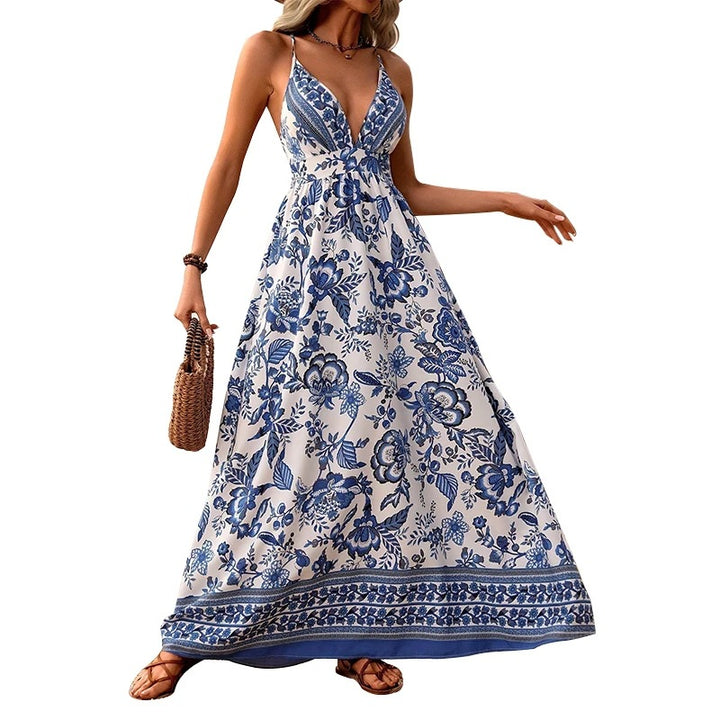 Damen Maxikleid mit tiefem V-Ausschnitt und floralen Mustern Drune