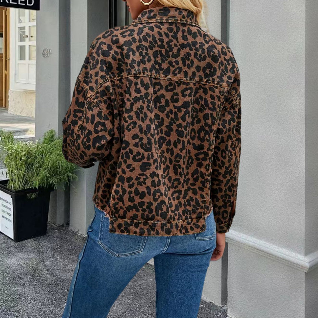Damen Jeansjacke mit Leopardenmuster und lässigem Schnitt Drune