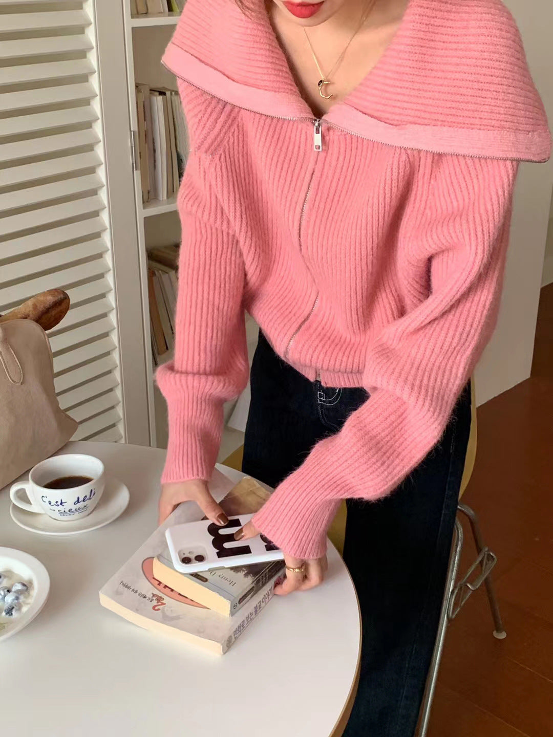Damen gemütlicher Strickjacke mit offener Front und modischem Kragen Drune