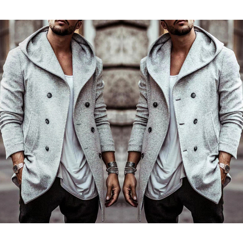Herren stylischer Hoodie-Mantel mit doppelter Knopfreihe und weitem Kragen Drune
