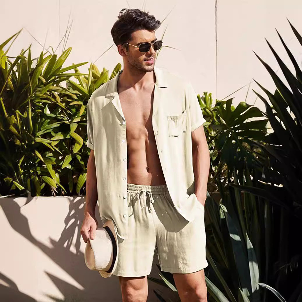 Herren nan zweiteiliges Sommer-Freizeitensemble mit offenem Revershemd und elastischer Kurzhose Drune