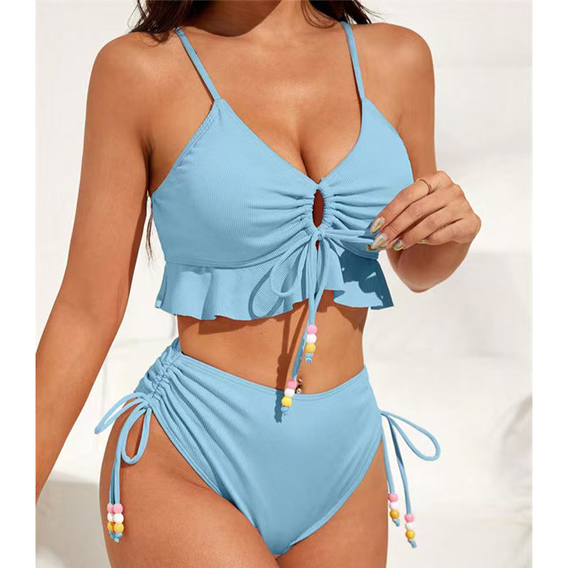 Damen Hochgeschnittenes Rüschen-Bikini-Set mit verstellbaren Bändern Drune