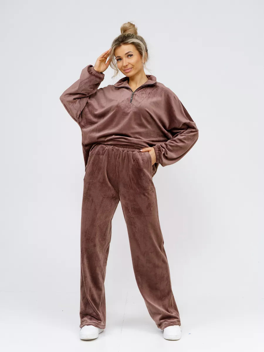 Damen Fleece-Loungewear-Anzug mit Reißverschluss und elastischem Bündchen Drune