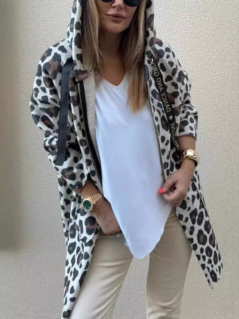 Damen Kapuzenjacke mit modischem Leopardenmuster und praktischen Taschen Drune