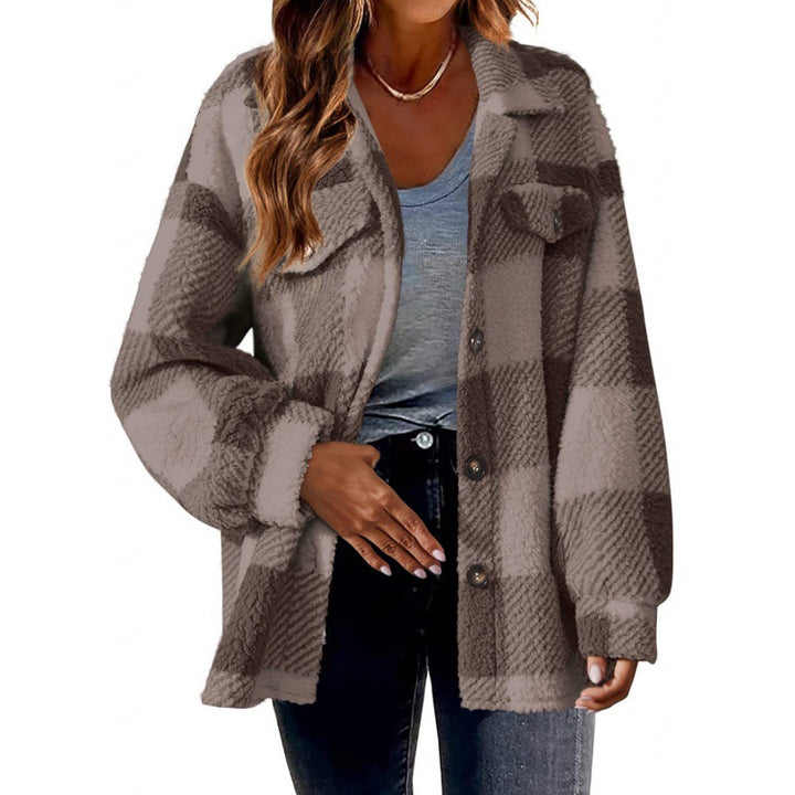 Damen Flauschige Karojacke mit Druckknopfverschluss und praktischen Taschen Drune