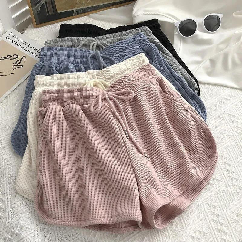 Damen lässige Waffelstruktur-Shorts mit verstellbarem Kordelzug und elastischem Bund