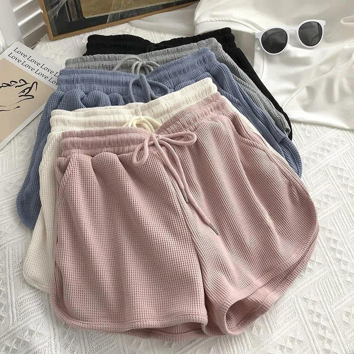 Damen lässige Waffelstruktur-Shorts mit verstellbarem Kordelzug und elastischem Bund