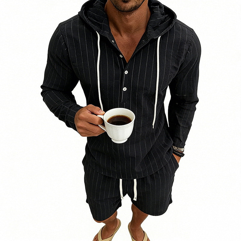 Herren nan gestreiftes Leinenoptik-Kapuzen-Henley-Set mit Tunnelzug-Shorts Drune