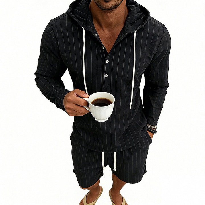 Herren nan gestreiftes Leinenoptik-Kapuzen-Henley-Set mit Tunnelzug-Shorts Drune