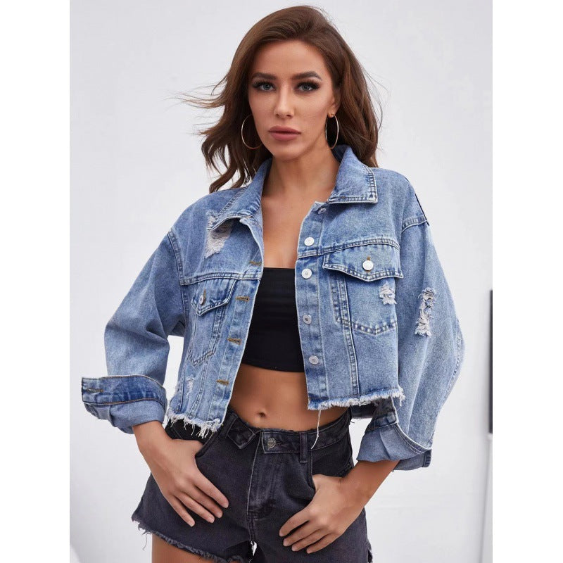 Damen cropped Jeansjacke im Vintage-Style mit lässigen Fransen und robusten Details Drune