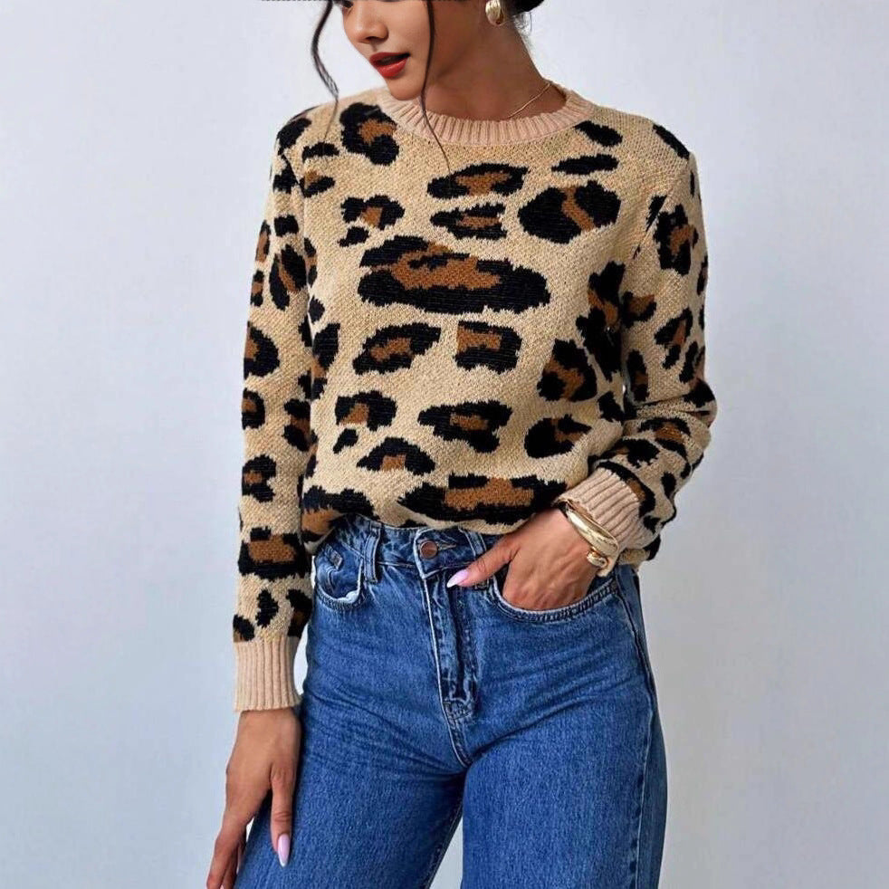 Damen Grobstrickpullover mit modernem Leopardenmuster und lässigem Schnitt Drune