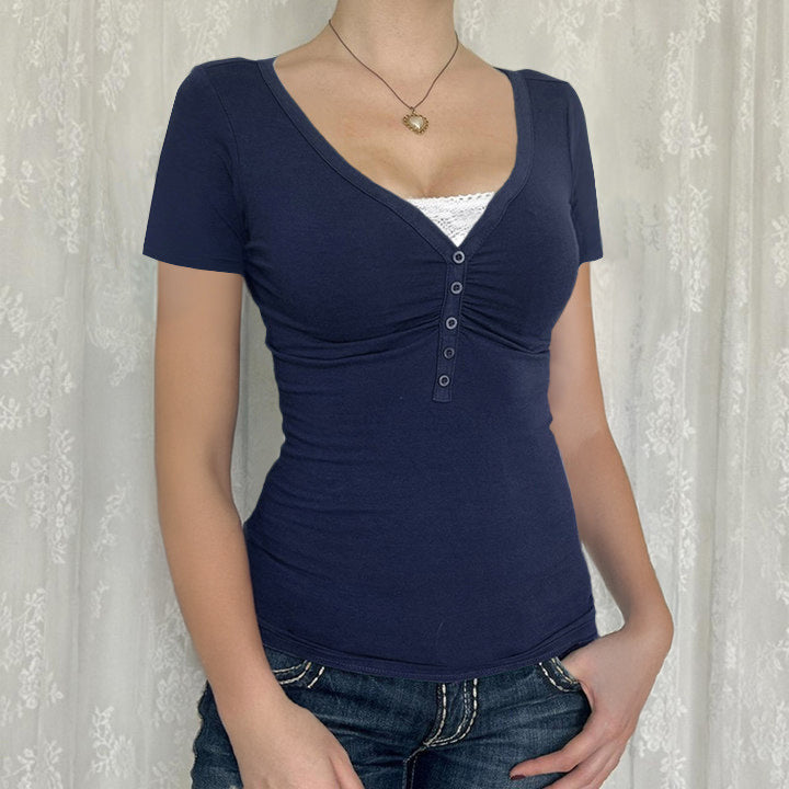 Damen figurbetontes Kurzarmshirt mit V-Ausschnitt Drune