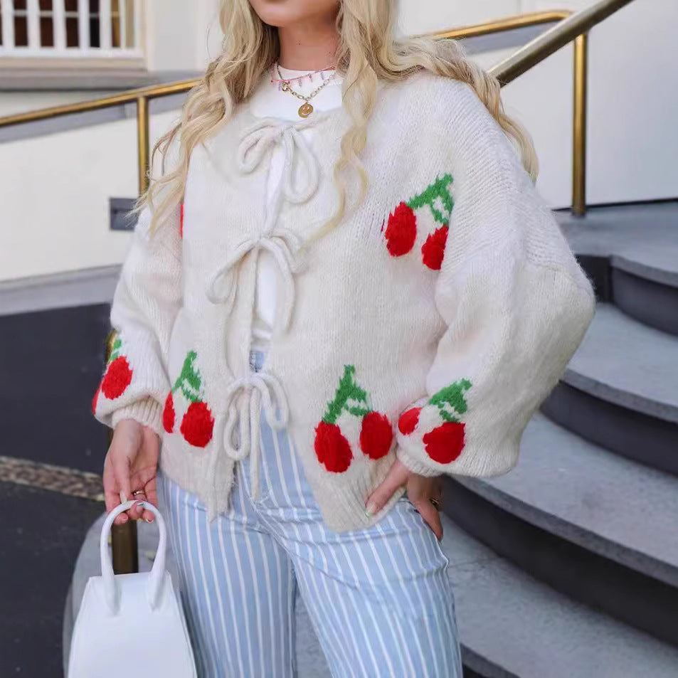 Damen lässige Strickjacke mit verspieltem Kirschmotiv und modernem Kordelzug Drune