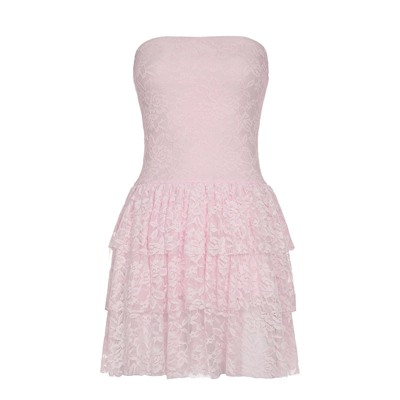 Damen Spitzenkleid mit voluminösem Rock und trägerlosem Design Drune