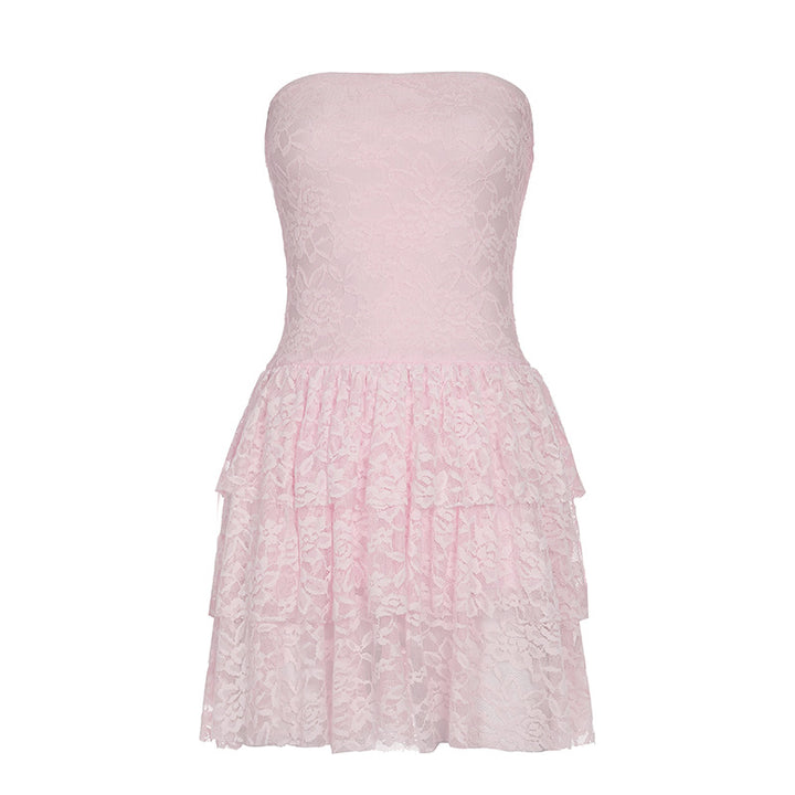 Damen Spitzenkleid mit voluminösem Rock und trägerlosem Design Drune