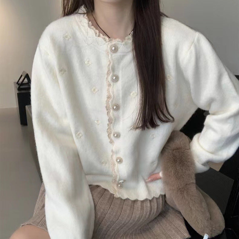 Damen Elegante Strickjacke mit perlverzierten Knöpfen und strukturiertem Design Drune