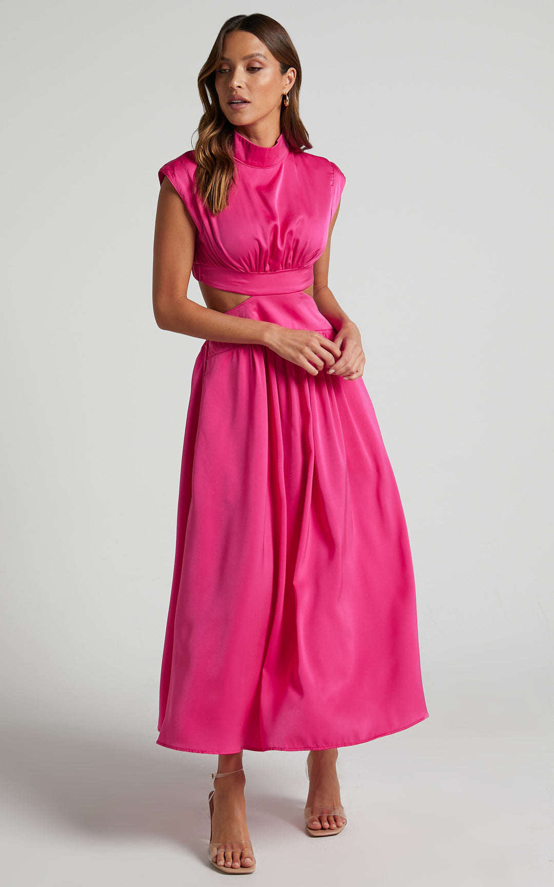 Damen elegantes Maxikleid mit hohem Kragen und seitlichen Cut-Outs Drune
