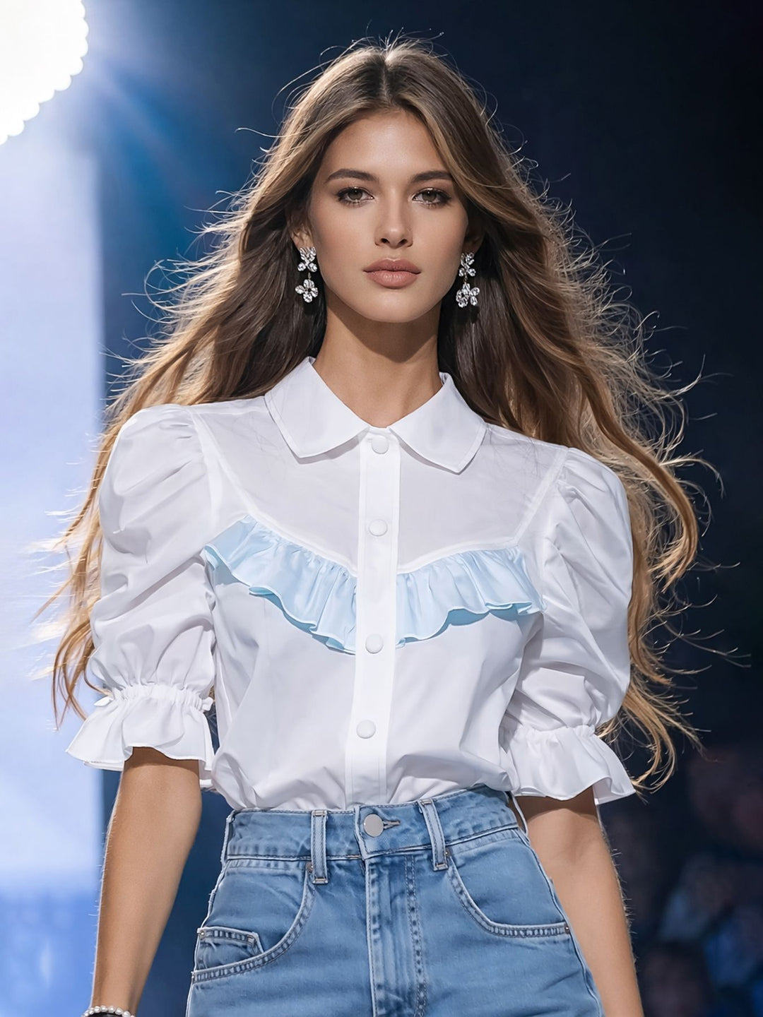 Damen Modische Bluse mit Rüschendetails und Puffärmeln Drune