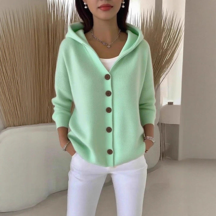 Damen Kapuzenstrickjacke mit Praktischen Knopfdetails und Lässigem Schnitt Drune