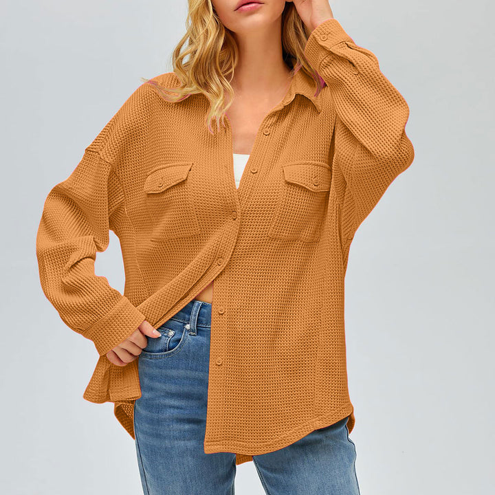 Damen nan oversized Waffelstrick Hemdjacke mit Brusttaschen und Knopfleiste Drune