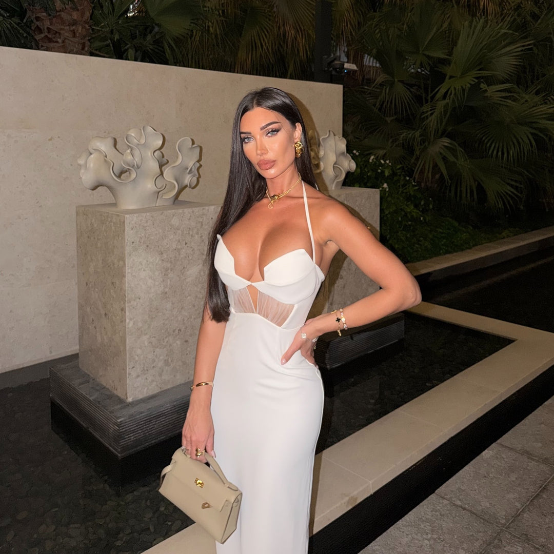 Damen Glamouröses Abendkleid mit tiefem V-Ausschnitt und verführerischen Netzdetails Drune