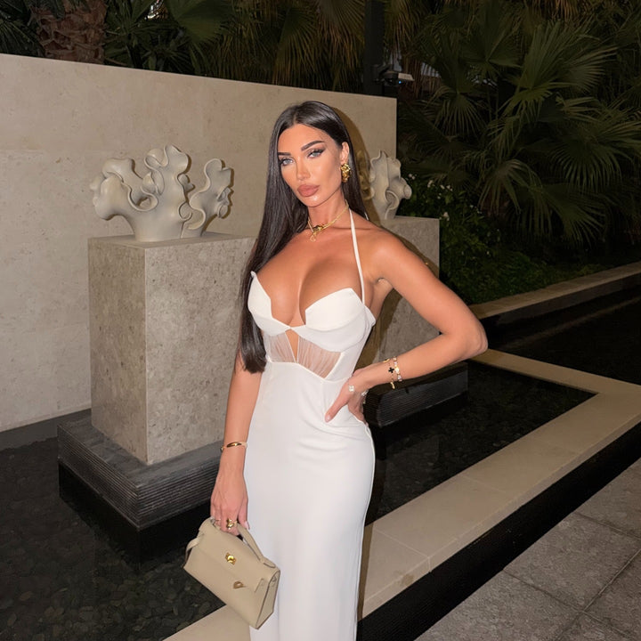 Damen Glamouröses Abendkleid mit tiefem V-Ausschnitt und verführerischen Netzdetails Drune