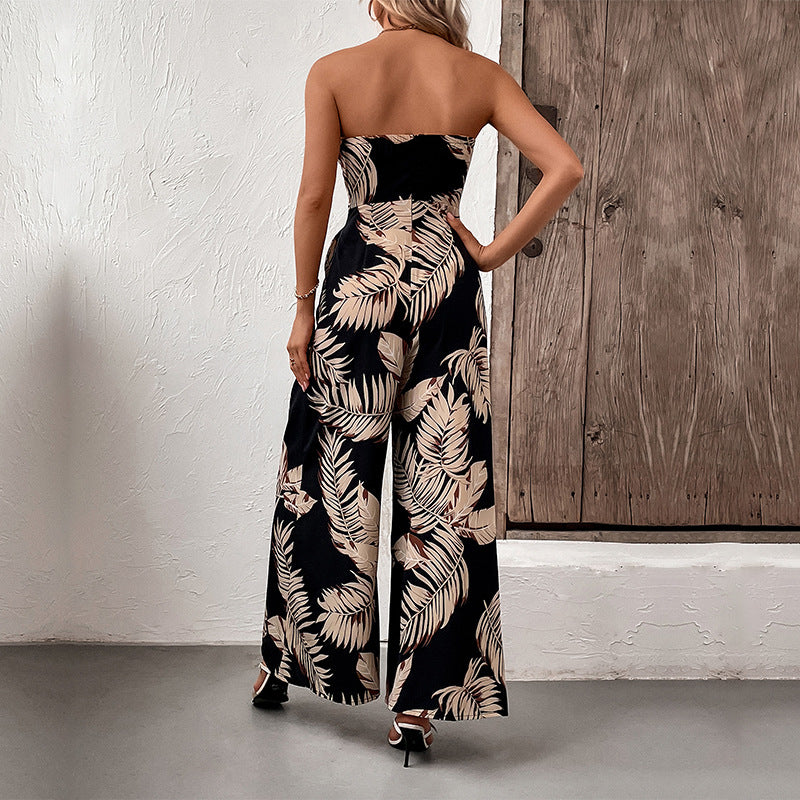 Damen strapless Jumpsuit mit floralem Print und Taillengürtel Drune