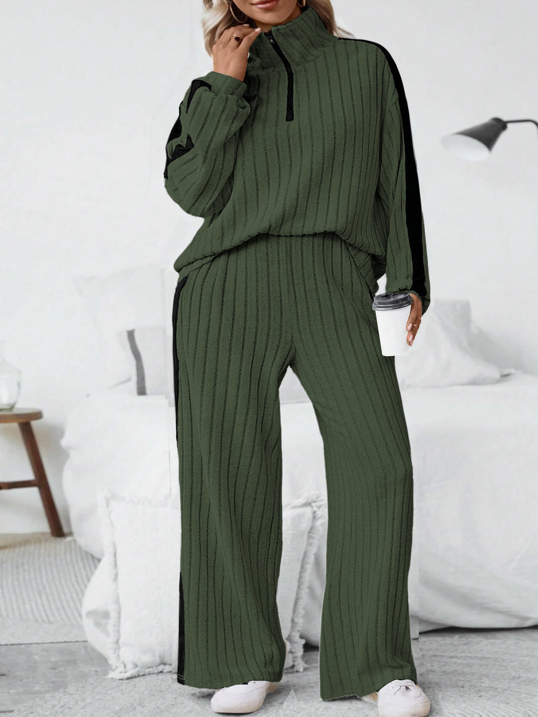 Damen bequemer Loungewear-Set mit strukturiertem Stoff und Halbzip Drune