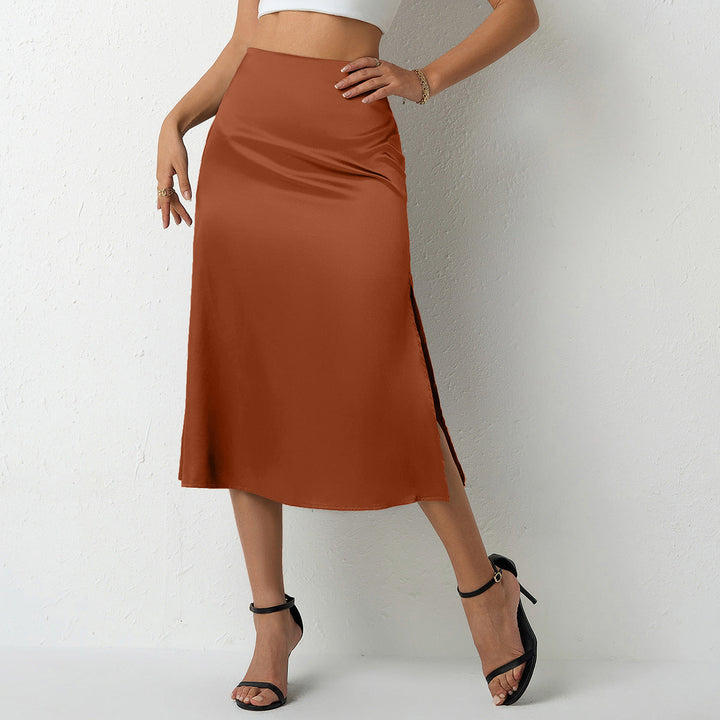 Damen eleganter Satin-Midirock mit fließendem Schnitt und hohem Bund Drune