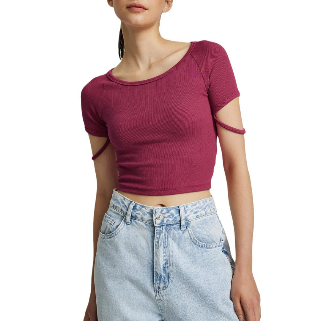 Damen kurzärmliges enganliegendes Crop-Top mit Rundhalsausschnitt Drune