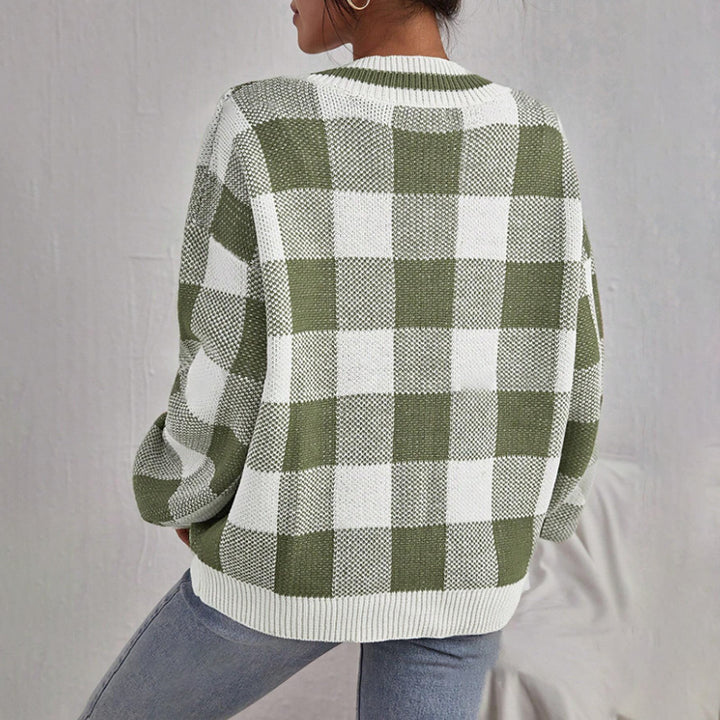 Damen Off-Shoulder Pullover im Karomuster mit langen Ärmeln Drune