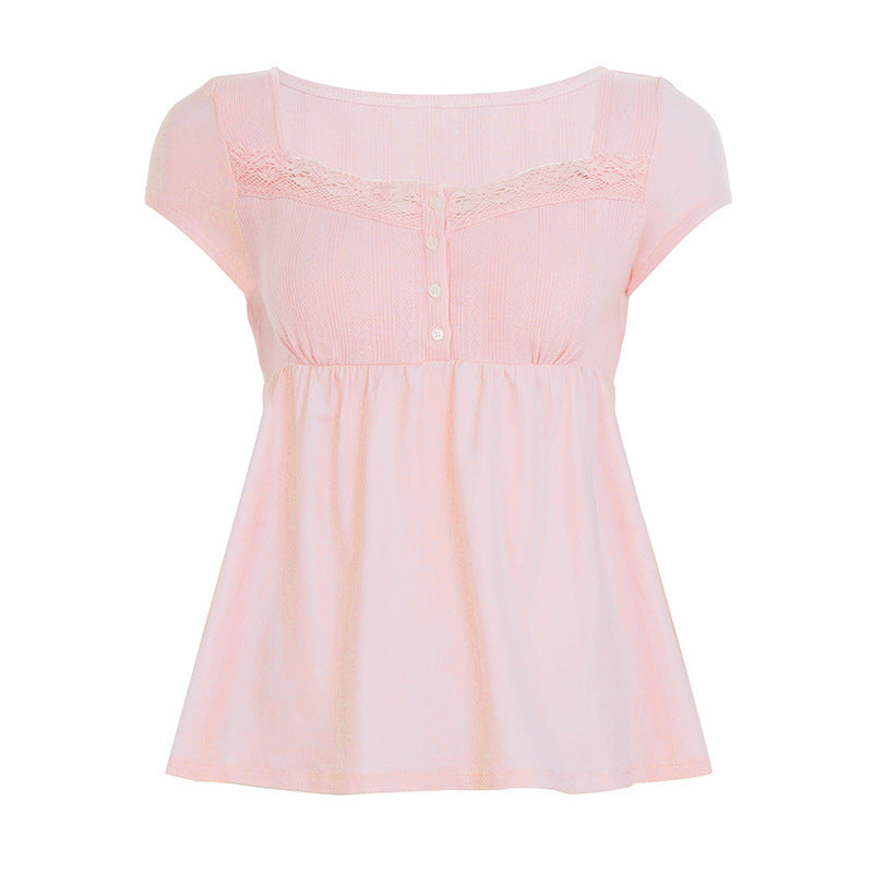Damen lässiges T-Shirt mit Spitzenverzierung und Knopfdetails Drune