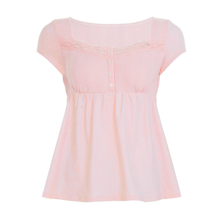 Damen lässiges T-Shirt mit Spitzenverzierung und Knopfdetails Drune