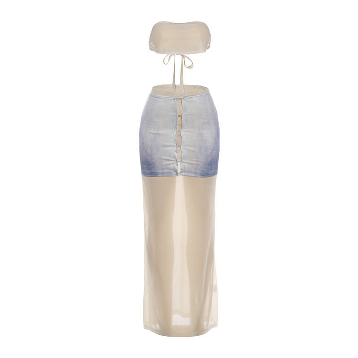 Damen Maxi-Kleid mit transparentem Rock und bauchfreier Oberpartie Drune