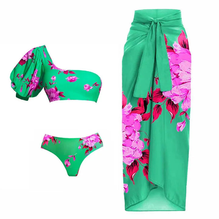 Damen Strand-Bikini-Set mit asymmetrischem Oberteil und elegantem Maxi-Rock Drune