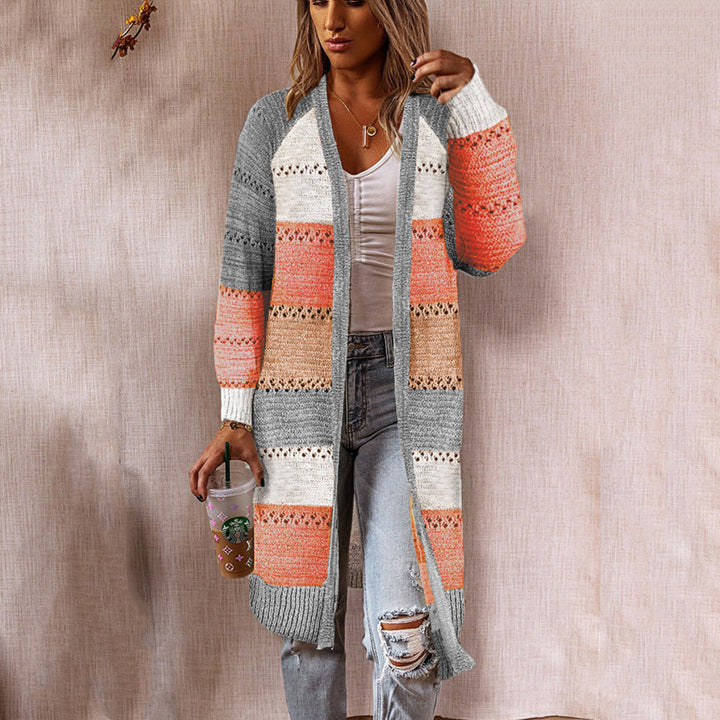 Damen lange Strickjacke mit strukturiertem Streifenmuster Drune