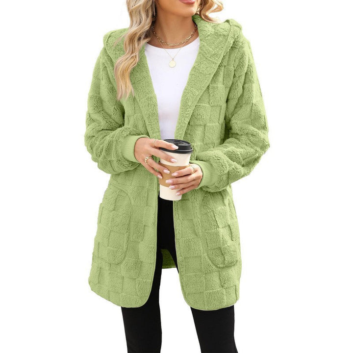 Damen nan kuschelige Kapuzen-Longjacke aus Teddyfleece mit aufgesetzten Taschen und strukturierter Karooptik Drune