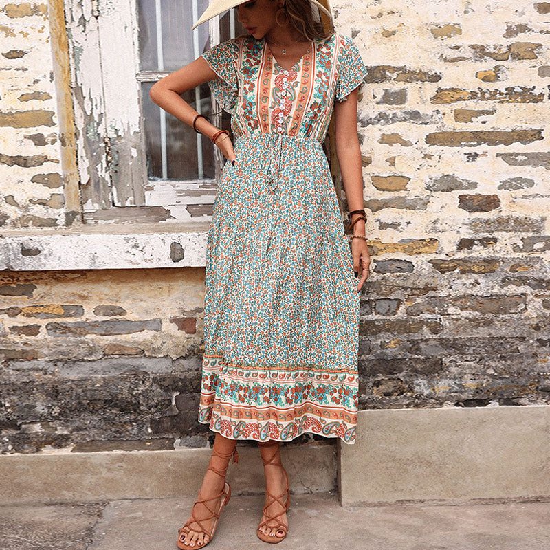 Damen Maxi-Kleid mit floralen Details und elastischem Taillenzug Drune