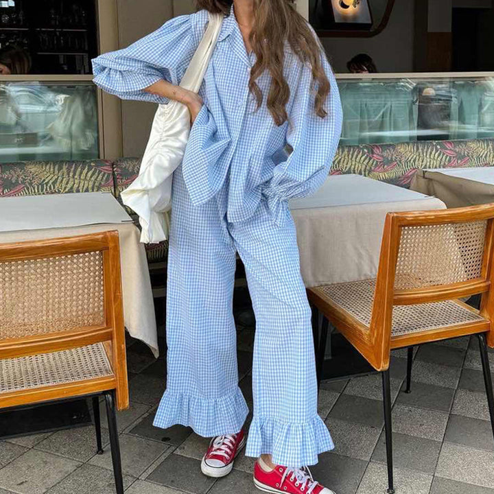 Damen Lässiges Karomuster-Pyjama-Set mit voluminösen Ärmeln und Rüschen Drune